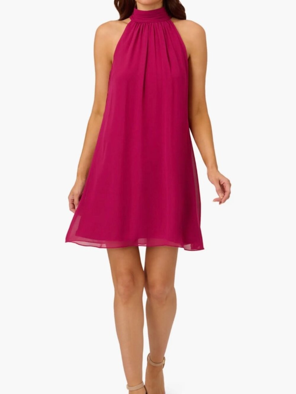 Adrianna Papell Halter Neck Chiffon Dress Magenta Pink Size 14 Tie Back.